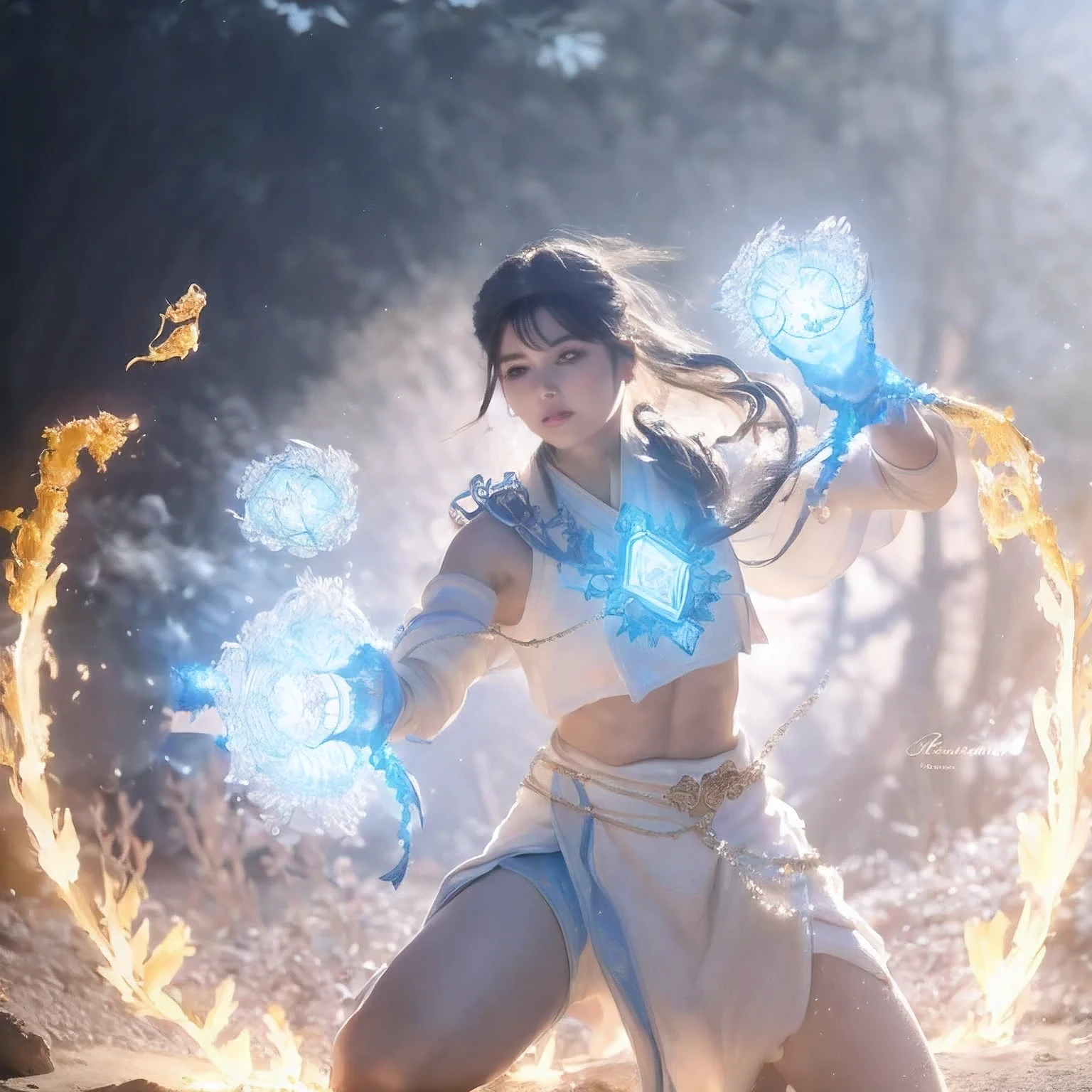 arafed(((Perfect college student))) in a white outfit holding a blue fire, the sorceress casting a fireball, female mage conjuring a spell, a sorceress casting a ice ball, she has fire powers, closeup fantasy with water magic, asian female water elemental, maya ali as a lightning mage, glowing lens flare wraith girl, casting fire spell