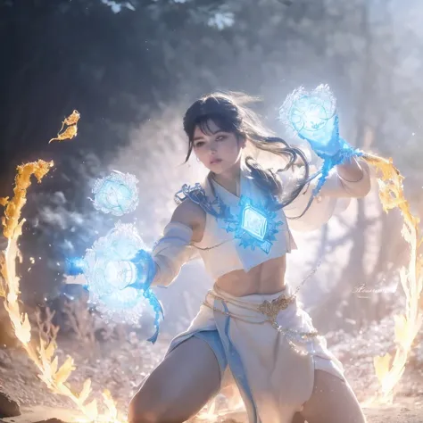 arafed(((Perfect college student))) in a white outfit holding a blue fire, the sorceress casting a fireball, female mage conjuri...