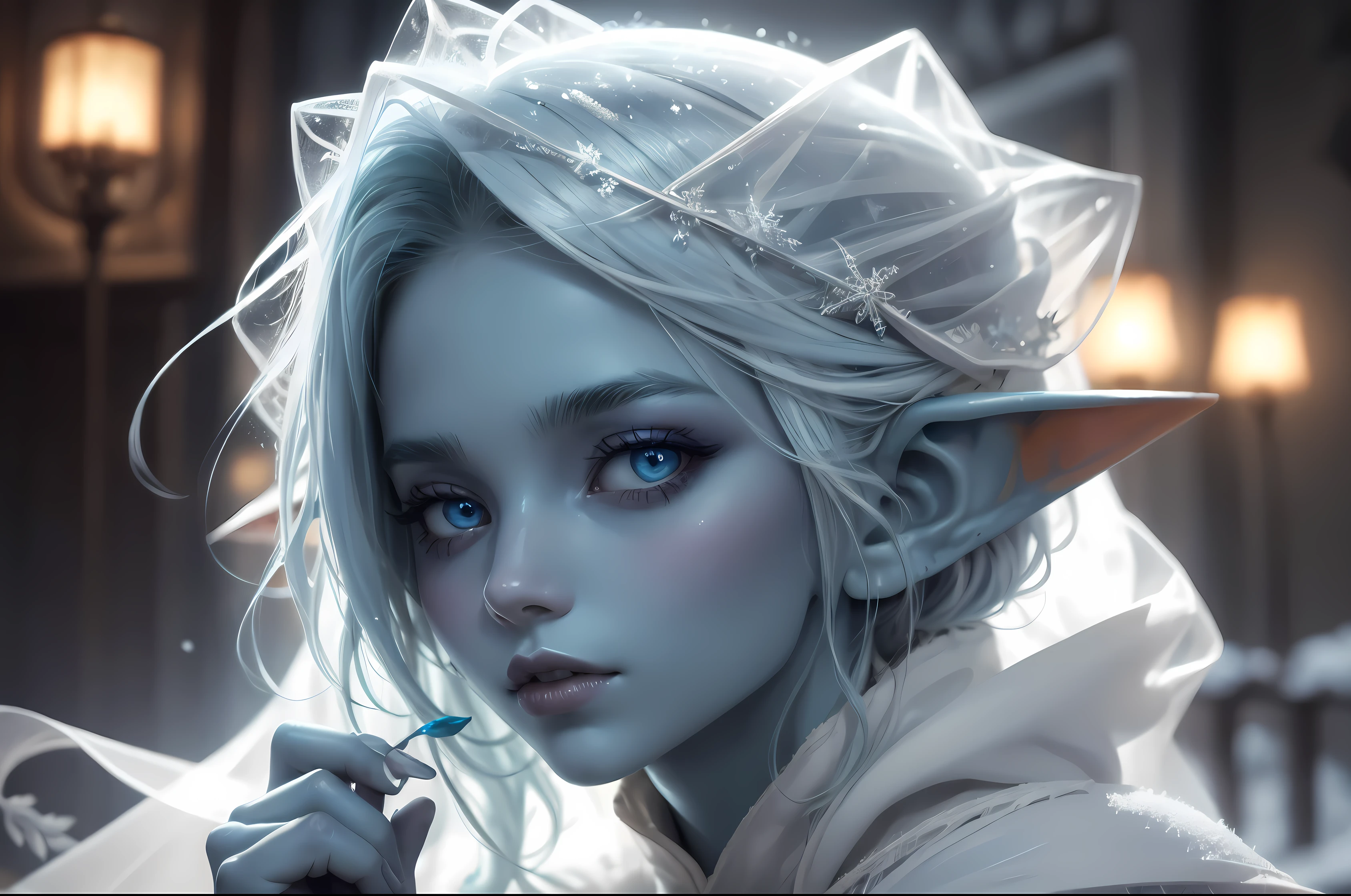 absurdrez, (fidelity:1.4), photo, ((best quality)), ((masterpiece)), (detailed), 4k, tiny blue feral goblin girl, blue skin, blue eyes, white hair, covered in frost, delicate, beautiful, tiny breasts, blue all over, covered in ice, ethereal, small breasts, wearing long flowing white sheer cape and intricate white corset, side pov, profile shot, cinematic still, romantic lighting, holding a delicate snowflake in her hand, focus on face, portrait