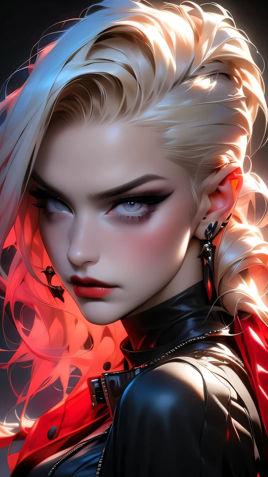 Red Makeup, Red lipstick, Slicked back blonde hair, Detailed face, Detailed lips, Fine grain,Model Girl, Professional:1.6, (最high quality, 4K, 8k, High resolution, masterpiece:1.2),Ultra-detailed, Realist, Punk Style, fashion punk, ((Upper body portrait)), Spiked clothing, Chain Accessories, Rebel pose, Mohawk Alto, Rainbow Hair, flashy, Nervous background, Studio Lighting, Dynamic pose and elegant､masterpiece, 最high quality, high quality, High resolution, (((Upper body portrait)))､ Super big , ((In a dimly lit cave))