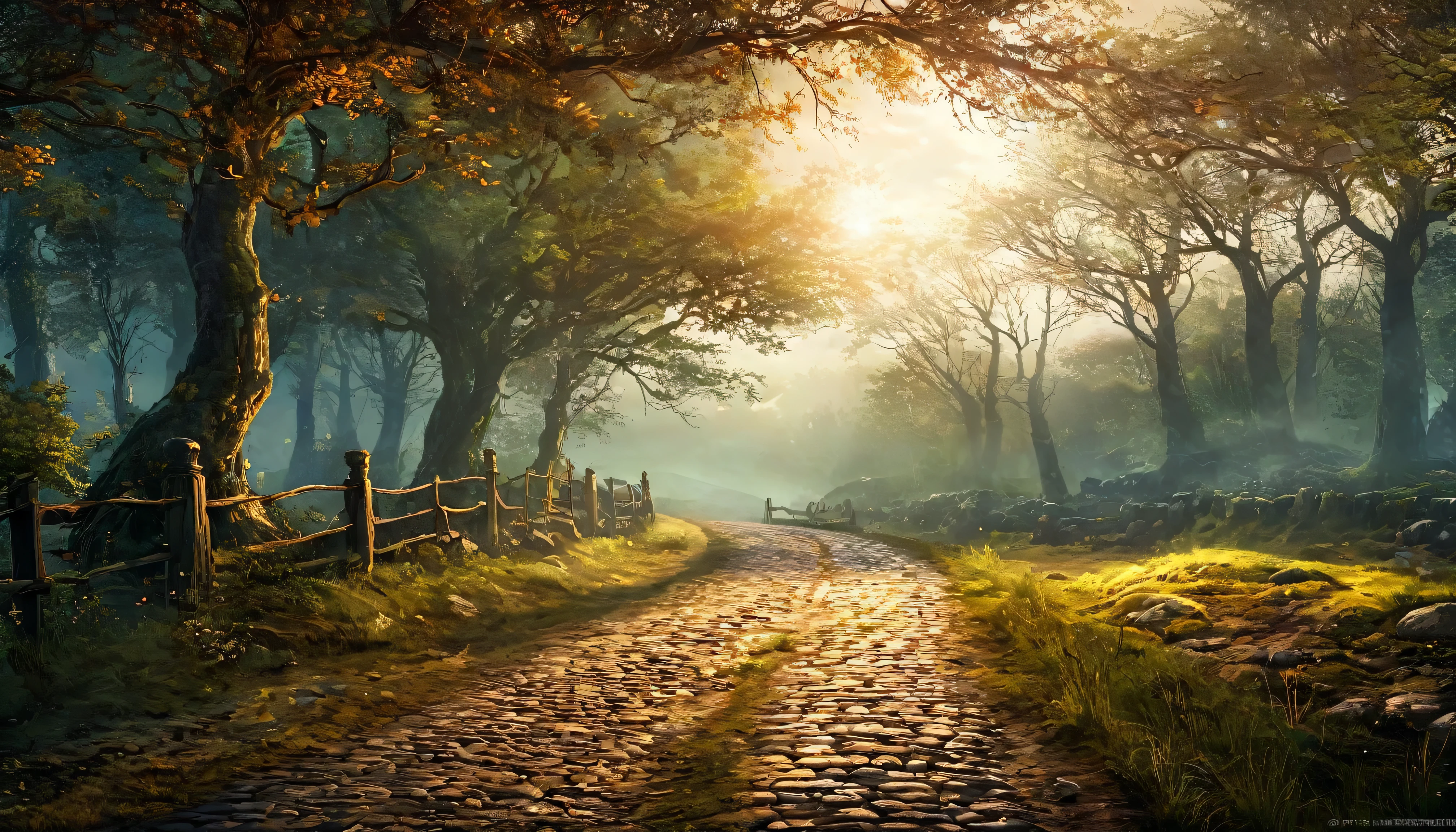 (anime, dark fantasy), (best quality, high resolution, depth of filed, HDR:1.2), (a lone road in the empty field, plain, bridge, cobblestone road, trading caravan), fantastical landscapes, (dark gloomy atmosphere). A mesmerizing fantasy with enchanting elements blending seamlessly, beautiful, extremely detailed, intricate, delicate, serene fantasy, light filtering through the trees, bokeh, cinematic lighting, 8k, high quality