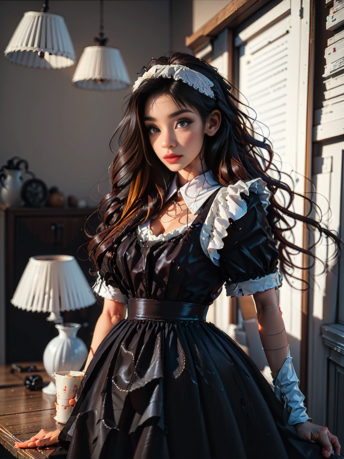((cuerpo completo, plano general:1.5)), a young woman maid, hyper detailed, iridescent, idyllic, magical, dynamic pose cleaning a dresser with ornaments, (best quality,4k,8k,highres,masterpiece:1.2),ultra-detailed,(realistic,photorealistic,photo-realistic:1.37),1girl,intricate details,beautiful detailed eyes,beautiful detailed lips,extremely detailed eyes and face,longeyeleshs,elegant dress,studio lighting,professional,vivid colors,warm lighting