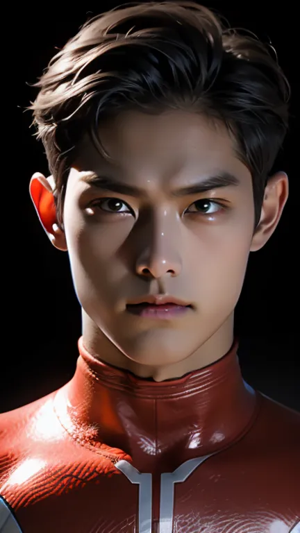 Young beautiful boy, young handsome boy, Ultraman Boy personification, Ultraman-colored latex, Ultraman-colored rubber bodysuit,...