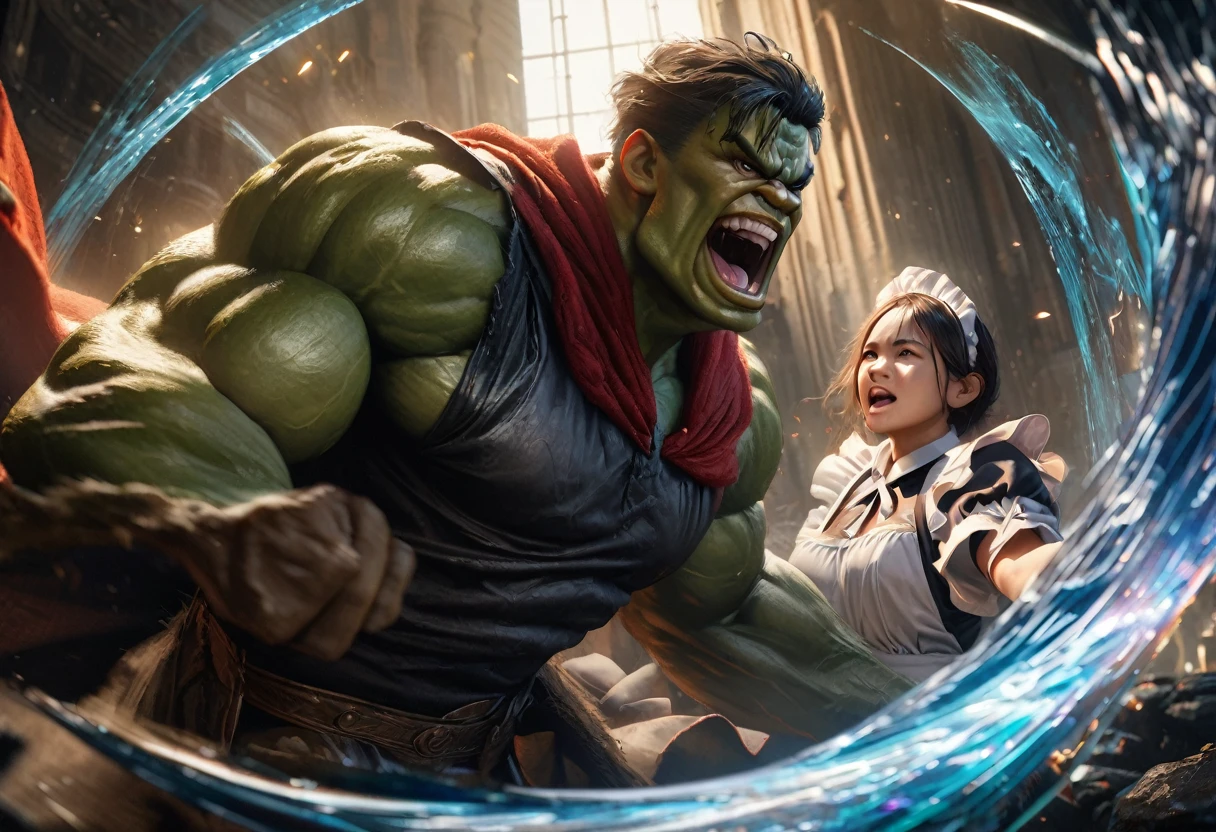 The Incredible Hulk wearing a maid outfit and looking confused, Doctor Strange is laughing, seperated from the Hulk by a magic barrier