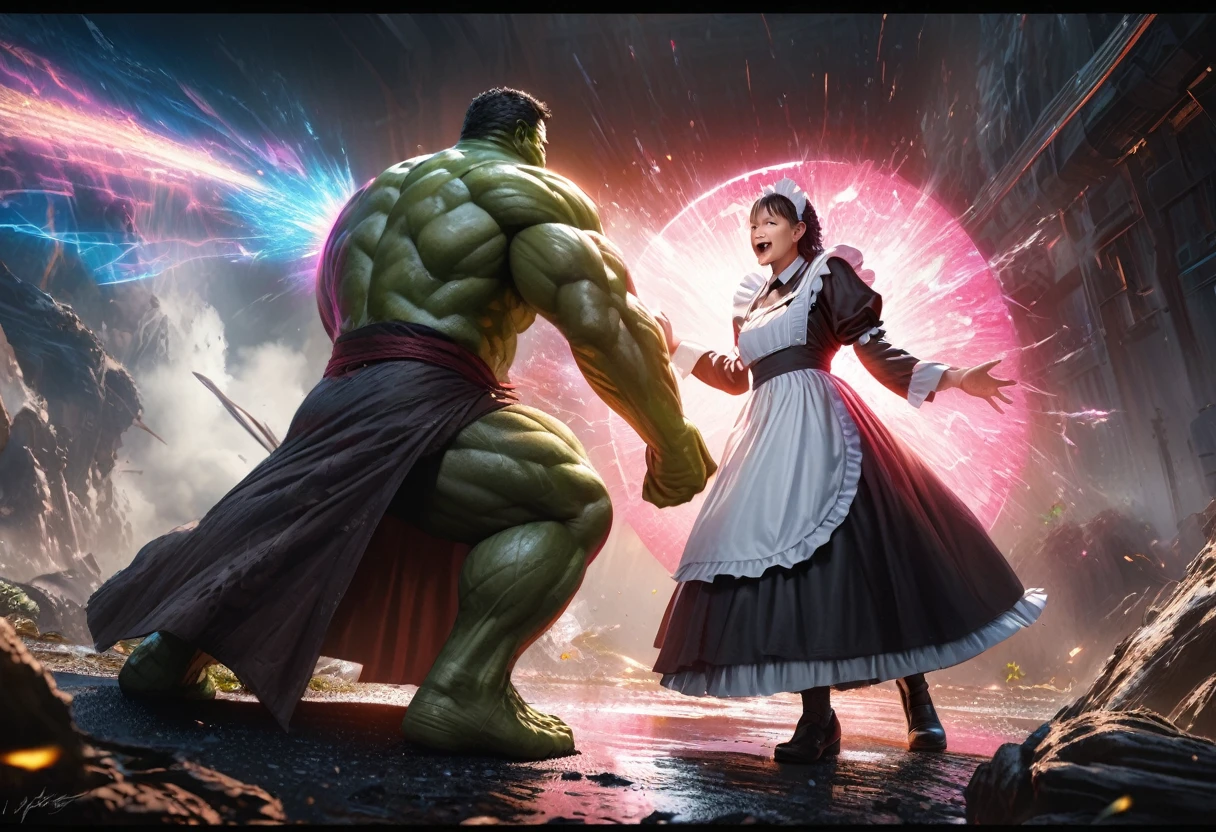 The Incredible Hulk wearing a maid outfit and looking confused, Doctor Strange is laughing, seperated from the Hulk by a magic barrier