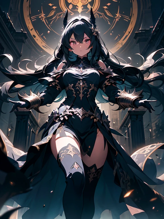 A breathtaking artwork of a female character of unimaginable beauty, set in a dark and opulent environment. The full-body view reveals an impressive figure, exuding an aura of power and mystery. She wears black and gold clothes, radiating a luxurious darkness. Her armor is detailed and characteristic, with intricate golden designs that shimmer in the dim light. Ornate shoulder pads protect her shoulders, and the armor perfectly molds to her body, accentuating her formidable presence.

Her long black hair flows like a river of darkness, contrasting with her mesmerizing scarlet eyes. Her beauty is almost supernatural, a perfect blend of grace and menace. She wields a cursed blade that seems to pulse with malevolent energy, enhancing her aura of danger.

The setting around her is a gothic and luxurious environment, with dark arches and stained glass windows that filter a supernatural light. In the background, candles flicker, casting dancing shadows on the intricately carved stone walls. It is a place that blends elegance and terror, perfectly reflecting the essence of the character.
