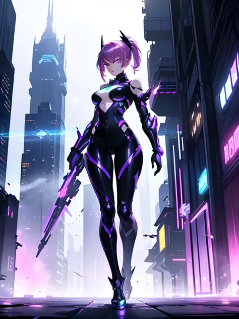 A sleek and modern artwork of a cyberpunk female character in a high-tech, futuristic cityscape. The full-body view reveals her ...