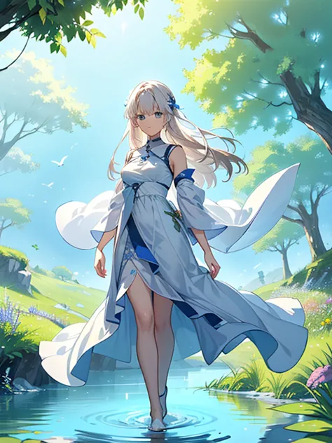 A serene artwork of a calming female character in a peaceful, natural setting. The full-body view presents her in flowing white ...