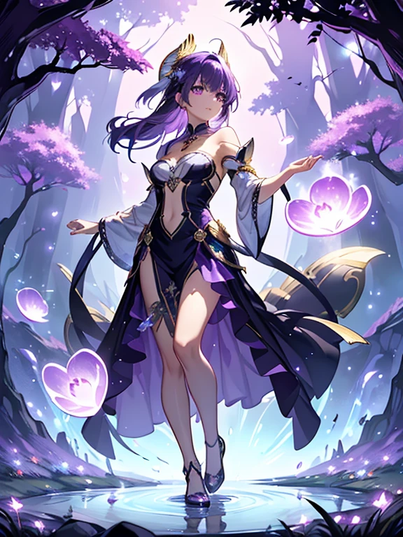 A charming artwork of a mystical and shimmering female character in a magical, moonlit landscape. The full-body view reveals her dressed in glistening purple and silver clothes that catch the light beautifully. Despite her short height, she captivates with her enchanting presence. Her medium-length purple hair and white eyes give her an ethereal, otherworldly charm. She holds an enchanted mirror, reflecting her timid and cute demeanor.

The background is an enchanted grove illuminated by soft moonlight, with sparkling dew drops on the grass and glowing flowers. Wisps of magical energy float in the air, and a gentle stream flows nearby, creating a serene and mystical atmosphere.

