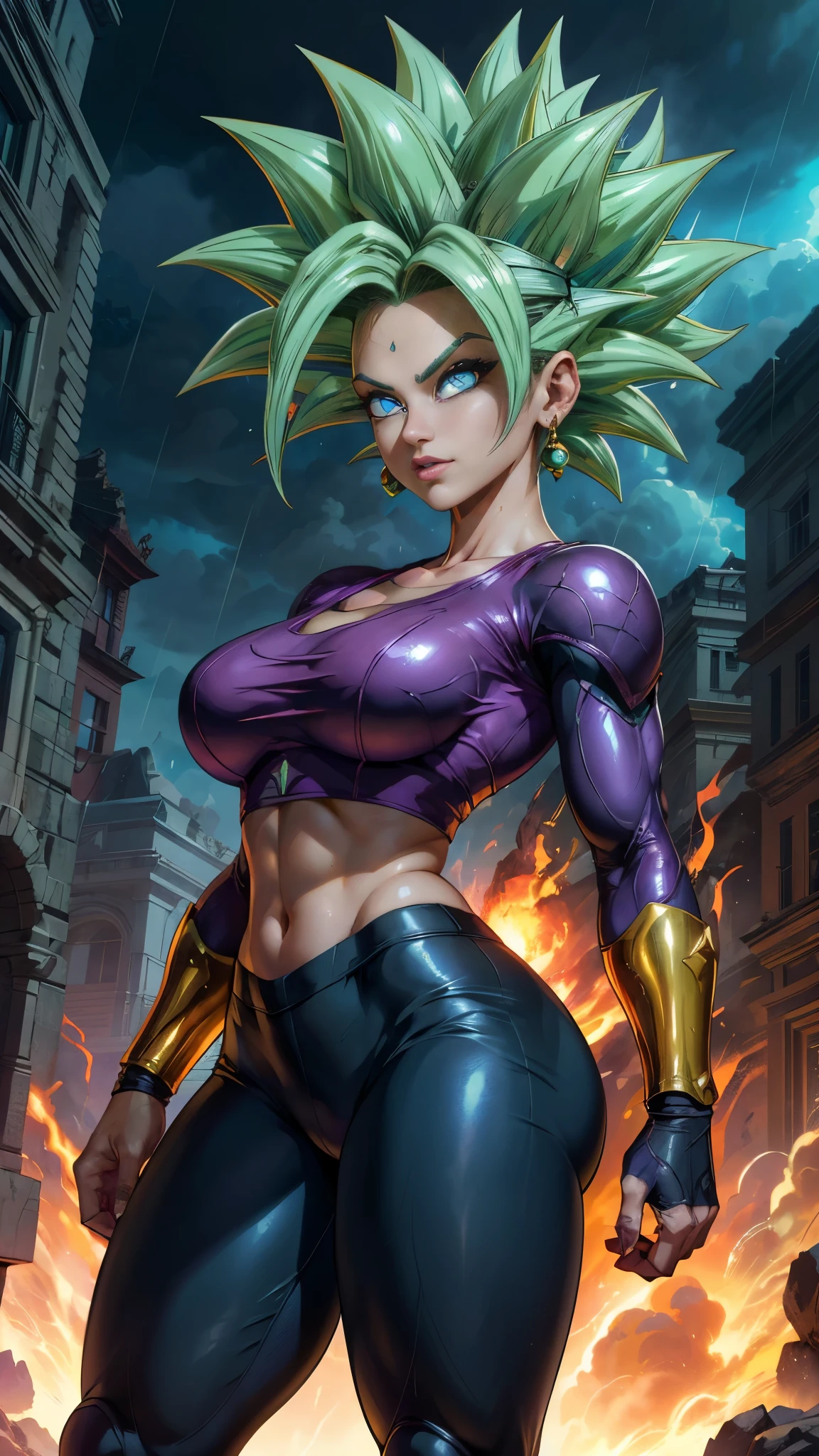  (La Best Quality,A high resolution,Ultra - detailed,actual),Kefla [Dragon Ball Super),(full green hair :1.4) , black crop top, (shiny white tights/shackles:1.4),,(Cyberpunk ruined dungeon ruins background :1.4 ), More detailed 8K.unreal engine:1.4,UHD,La Best Quality:1.4, photorealistic:1.4, skin texture:1.4, Masterpiece:1.8,first work, Best Quality,object object], (detailed face features:1.3),(The correct proportions),(Beautiful blue eyes:1.4 ),  (dynamic cowboy pose), (Kefla Dragon Ball Super:1.4), (perfect anatomy :1.4),( cinematic lighting :1.4), (Kefla Dragon Ball Super V2.1),( background thunder falling rain water cloudy :1.4), (Face details: 1.5, bright blue eyes, beautiful face, pretty eyes, Iris contour, thin lips: 1.5, Thin, sharp pale eyebrows, Long, dark eyelashes, double tabs),