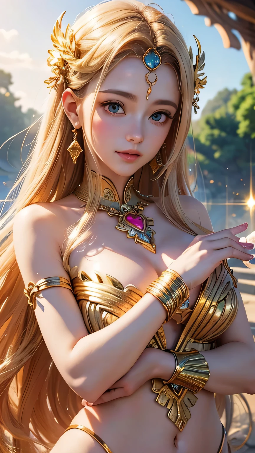 "Maiden of the Sun, Goddess of Love": Within a sacred sanctuary bathed in sunlight, depict the figure of a sun goddess who governs love, facing forward and emanating divine radiance. Zoom in to focus on her face, with a gleaming heart-shaped gem in her hands, representing the power of love. Her hair is shimmering gold. The background should be predominantly gold, evoking a sense of divine splendor, with numerous heart-themed objects expressing the beauty of love. The setting is in heaven, enveloped in soft, bright light, where one can find tranquility and peace of mind, free from any trace of anxiety.