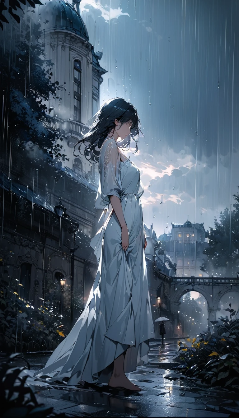 一名身穿白色长裙的女子站在巴黎一座风雨交加的花园中, 水彩绘画, 非常详细, 杰作, 4K, 电影灯光, 柔和的色调, 喜怒无常, 戏剧性的天空, 雨, 风, 树木摇曳, 背景中华丽的建筑, 深思的表达, 飘逸面料