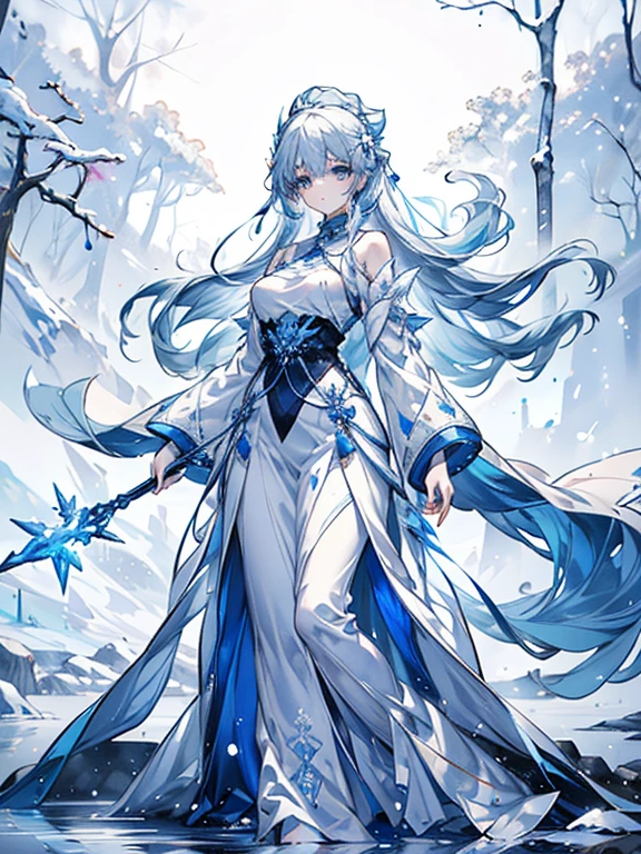 An icy and pristine artwork of a serene female character in a cold, wintry landscape. The full-body view reveals her dressed in blue and white clothes that mirror the icy surroundings. Her medium-length blue hair and light blue eyes radiate a cool, calming beauty. She holds an ice staff, embodying the essence of winter's purity.

The setting is a snowy forest with frost-covered trees and a frozen lake that glistens in the pale light. Snowflakes gently fall from the sky, and the air is crisp and clear, creating a serene and pristine atmosphere that enhances the character's icy elegance.