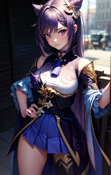 Stingy, Genshin Impact, anime girl with purple eyes and purple hair looking at the camera with a beautiful and attractive smile,...