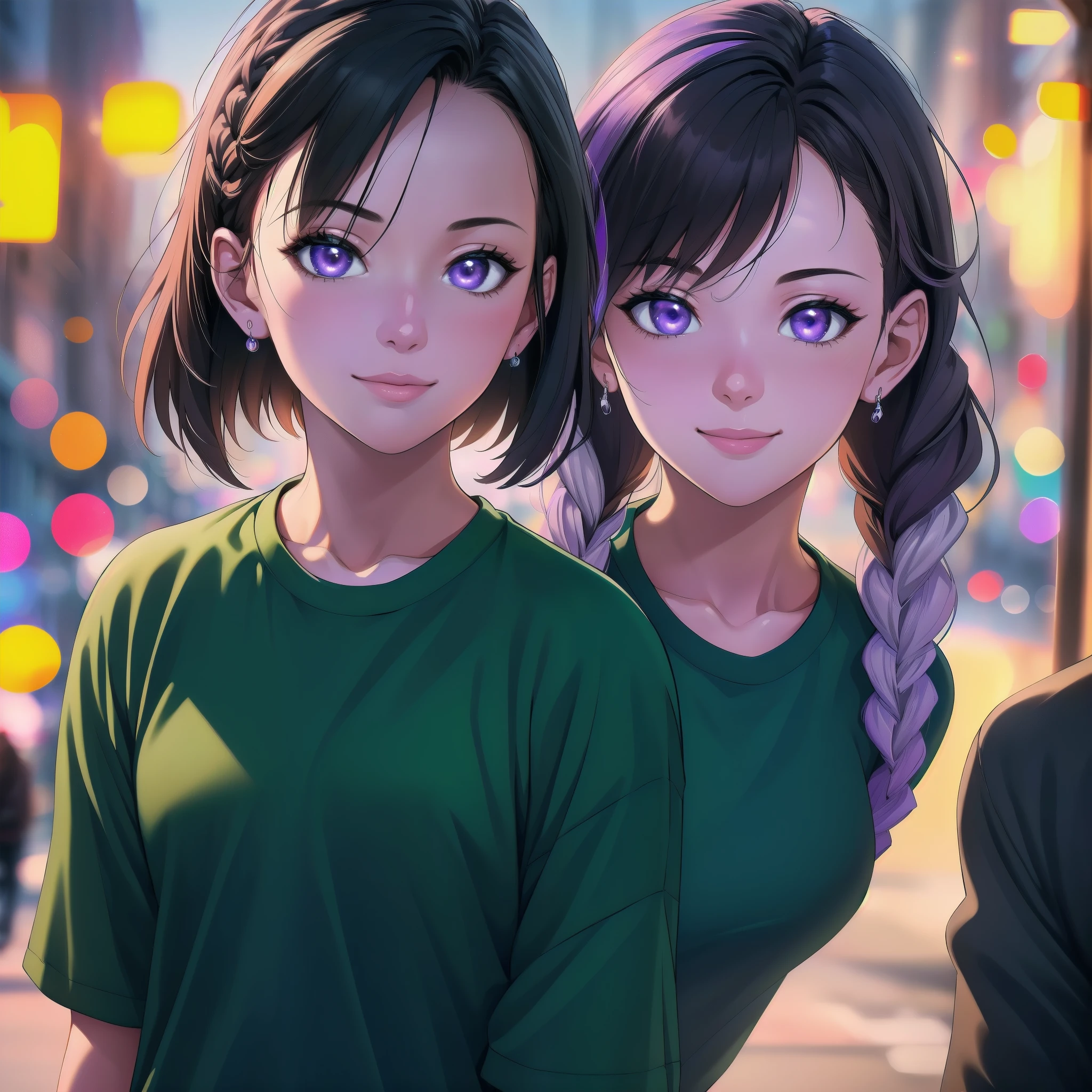 young couple(1 male, 1 woman with purple and white gradient double braids) ,fashion,clear,enhanced details,T-shirt,jeans,smiling,street,sunshine,(best quality,4k,8k,highres,masterpiece:1.2),ultra-detailed,(realistic,photorealistic,photo-realistic:1.37),HDR,UHD,studio lighting,ultra-fine painting,sharp focus,physically-based rendering,extreme detail description,professional,vivid colors,bokeh,portraits