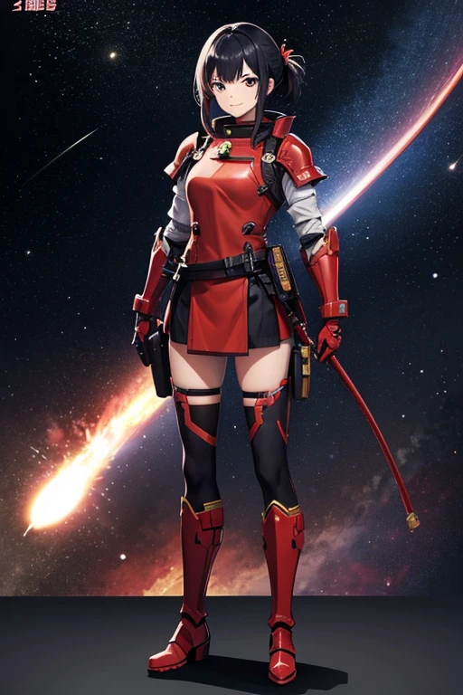Anime drawings、Full body portrait、Red soldier of space science fiction、A female samurai wearing red armor, about 160cm tall and about 26 years old, saluting、Smiling、Short medium length hair tied up、Black Hair、wearing goggles、boots、gloves