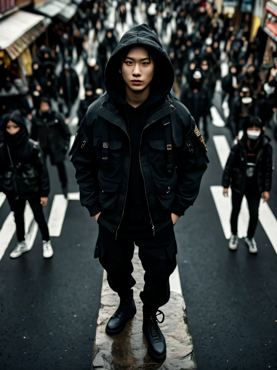 Photography, high aerial view, korean model, standing on massive rock, behind complicated crosswalk center inspired by shibuya scramble, stare into the camera, wearing techwear black washing safari jacket with black color thick hoodie, black washing cargo jogger pants, dark grey tactical boots, many crowd