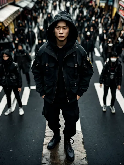 photography, high aerial view, korean model, standing on massive rock, behind complicated crosswalk center inspired by shibuya s...