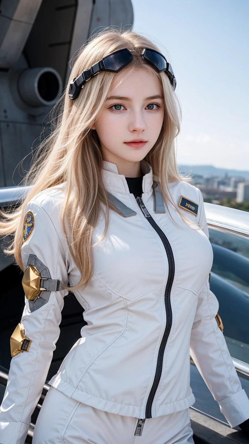 ((best quality)), photorealistic, photorealism, Photorealistic, high resolution, Beautiful, Baby Face, 17 Years Old, White Skin, pale skin, Medium breast, Combat pose, looking at the camera, (Detailed face), curtain hair, blonde hair, (wearing pilot suit, high-tech headware, mecha suit), (cloths color based on black), Fingers are occluded, concrete space ship background,