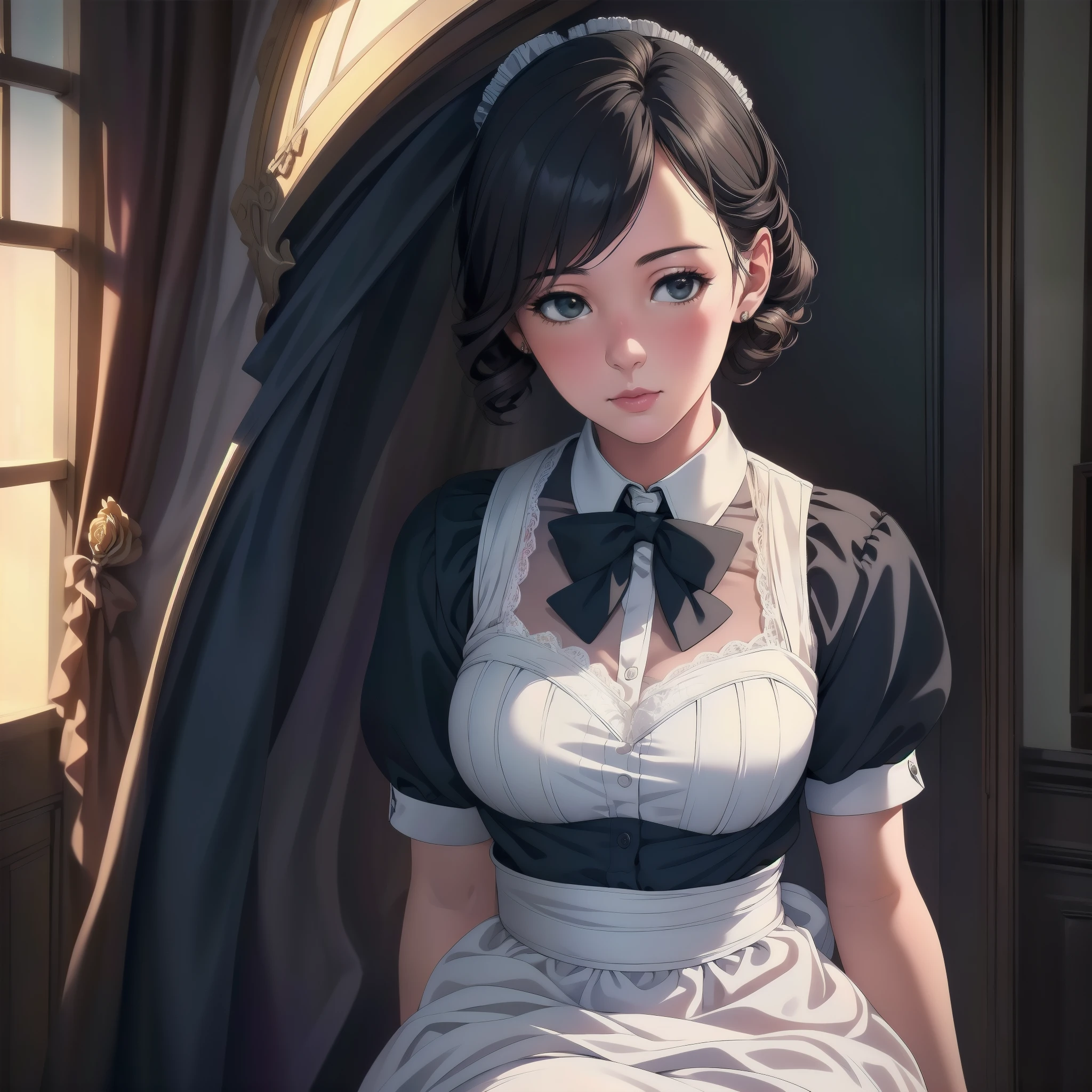 A maid in a white long dress with lace details, black bow, and black stockings, indoor, vintage style, soft lighting, delicate details,illustration,ultra-detailed,(realistic,photo-realistic:1.37),vivid colors,HDR,studio lighting