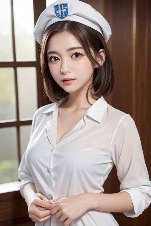 (highest quality、8k、32k、masterpiece、Ultra-high resolution:1.2)、Cute Japanese Women Photos、1 girl、(Medium short dark brown hair)、(Small Tits)、double eyelid、White nurse uniform、Little White Nurse (cap) 、White shirt、Open shirt、Full Body Lesbian、Sexy、open clothes、undressing、changing clothes、cleavage、Stethoscope around your neck