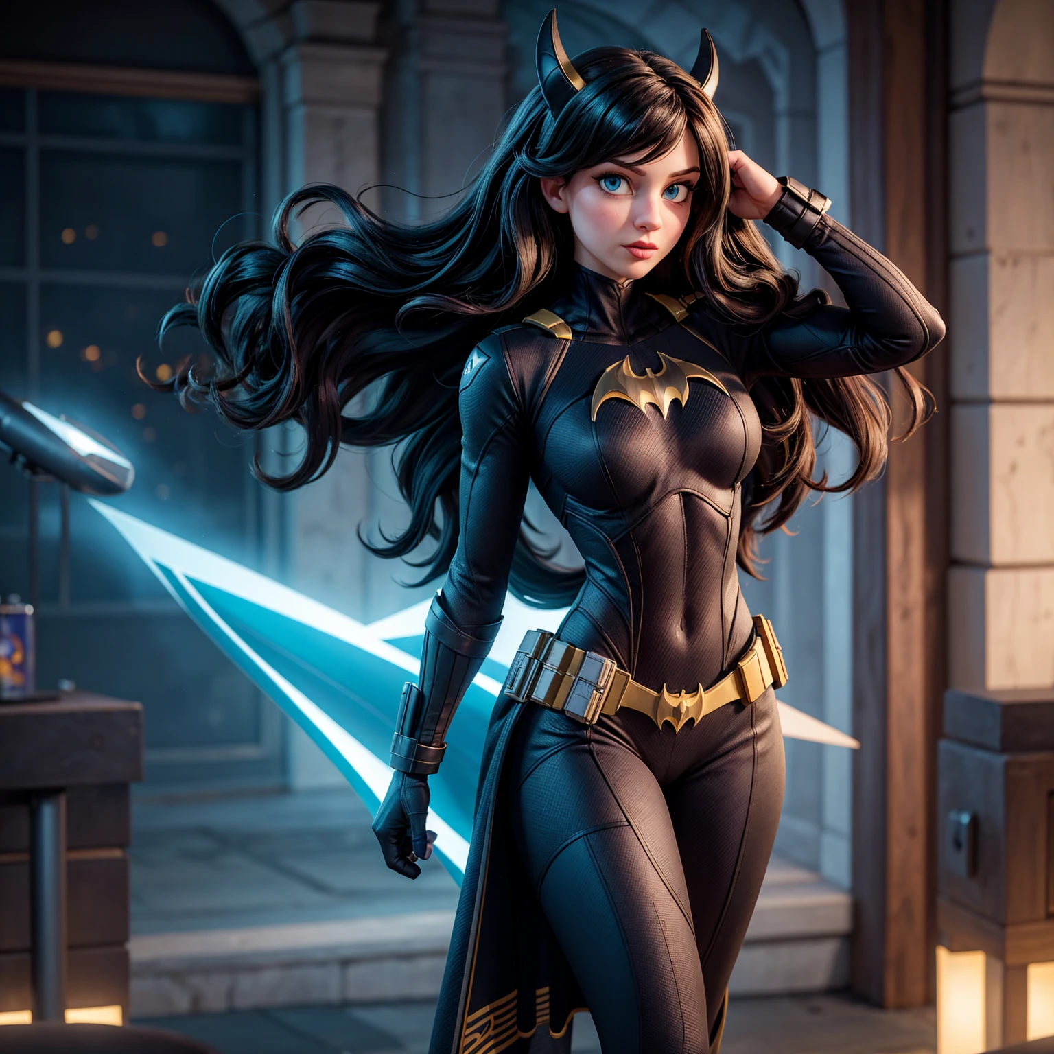 8k, Ultra HD, Super Detail, high quality, High resolution. Heroine Batgirl looks beautiful in full-body photos, Her body is like a sculpture, Her long, wavy black hair、It blends perfectly with her white skin and shines brightly.。, Her bright blue eyes captivate everyone.. She is wearing the heroine&#39;s costume. It consists of a mask that covers the upper part of the face, Helping the eyes see, Tight bodysuit. It can also be black, Dark blue or purple, The material is made of durable and stretchy fabric.、Provides protection and allows for agile movement。, The costume has a bat symbol on the chest, similar to Batman&#39;s symbol., She wears a utility belt containing various devices and equipment that are useful for her missions.。, Batgirl&#39;s boots and gloveade from durable materials to protect your limbs during combat。, She is wearing a black cloak, Aesthetic elements of the costume. she looks very sexy, Her big breasts and thick legs are the focus of attention..