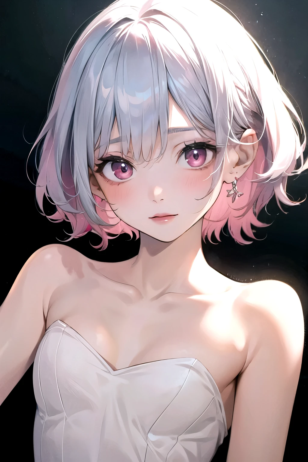 ((best quality)), ((masterpiece)), (detailed), perfect face. Asian girl. White hair. Short hair. Pink eyes. Inner pink hair. Topless. Small breast.