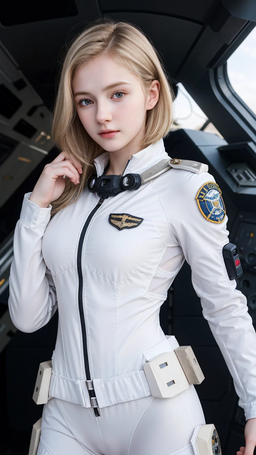 ((best quality)), photorealistic, photorealism, Photorealistic, high resolution, Beautiful, Baby Face, 17 Years Old, White Skin, pale skin, Medium breast, Combat pose, looking at the camera, (Detailed face), curtain hair, short hair, blonde hair, (wearing pilot suit, mecha suit), (cloths color based on black), fullbody figure, fullbody shot, Fingers are occluded, concrete space ship background,