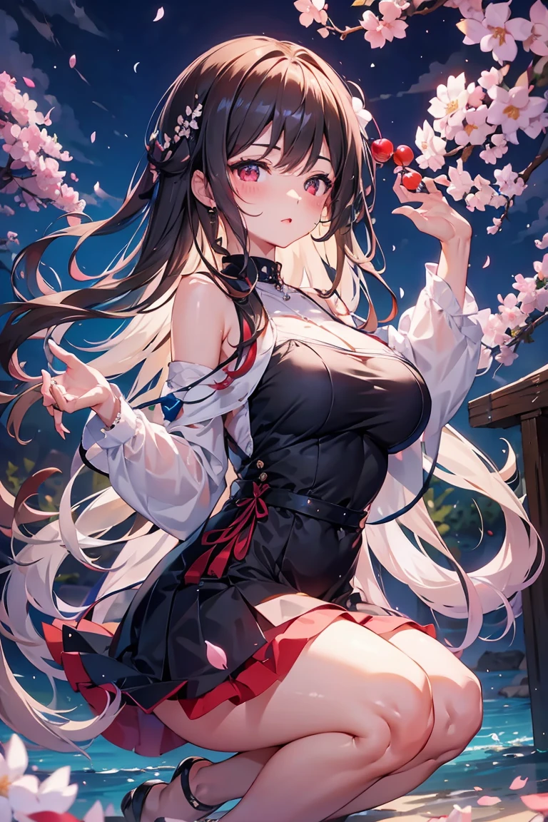 1 female、whole body、lower angle、Brown Hair、Long Hair、Well-groomed face、Silver Hair、Thick lips、Red eyes、Blue dress、valley、slim、mini skirt、cherry blossoms、cherry blossoms吹雪、petal、Hot Spring Town、night、full moon、masterpiece、Ultra-high resolution、delicate、Perfect lighting、sunlight、16k