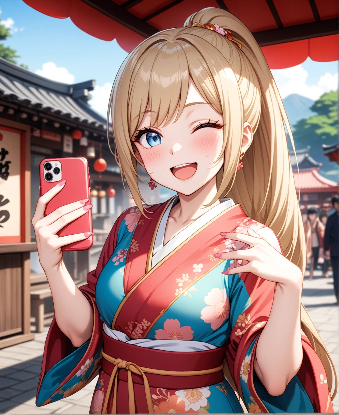 ((One woman)), Beautiful Face,Laughing embarrassedly,((Wink:1.6)),Laugh with a big mouth,(Take a selfie),Become bright red,Sweat on the face,Glossy pink lips,Daytime,Shrine festival stalls, ((Anime style background)),masterpiece, highest quality, so beautiful, up to date, Complex details, (Pink long nails),AI-generated, Complex,High resolution, highest quality, super high quality,3D Images、View the viewers、3D Images,one person,Long Blonde Hair,High Ponytail,blue eyes,Anime woman posing for a photo, [[Fine grain、Colorful eyes、Shining Eyes:1.15]],(Squint your eyes:1.1),a hyperRealistic , hyperRealistic , Realistic,Blonde anime woman with long hair, Smooth anime CG art, A woman in a colorful kimono with gold embroidery, (Yellow kimono),Pink floral pattern,Long flower hair ornament,Big earrings,(Large Breasts:1.2),A valley covered with kimono,Mature Body,tall,Big Ass,Fine details,Narrow waist,Six-pack,Photographed from diagonally above,looking at the camera