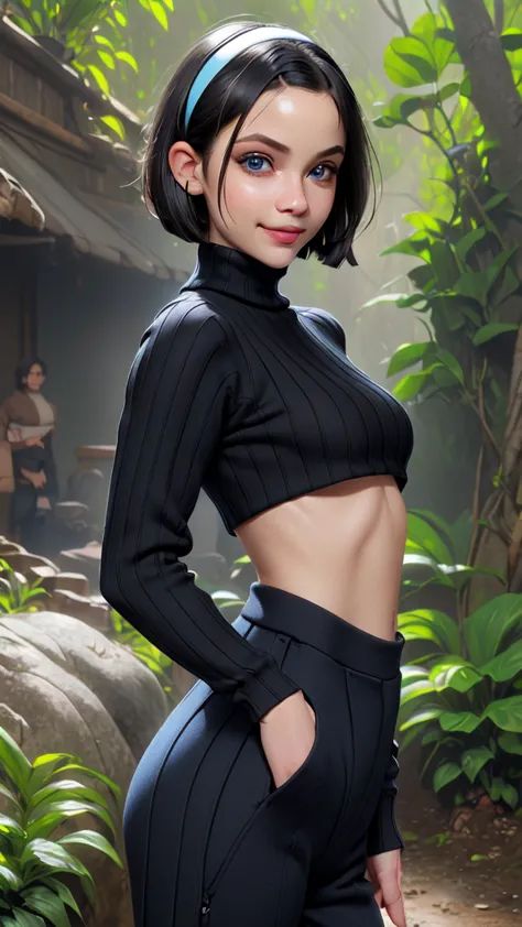 cropped sweater, midreiff, underboob, bob cut, large breasts, black hair, hairband, blue eyes, sweatpants, outdoors, mountain, n...