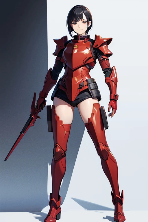 Anime drawings、Full body portrait、Red soldier of space science fiction、A female samurai wearing red armor, about 160cm tall and about 26 years old, saluting、Smiling、Short medium length hair tied up、Black Hair、wearing goggles、boots、gloves