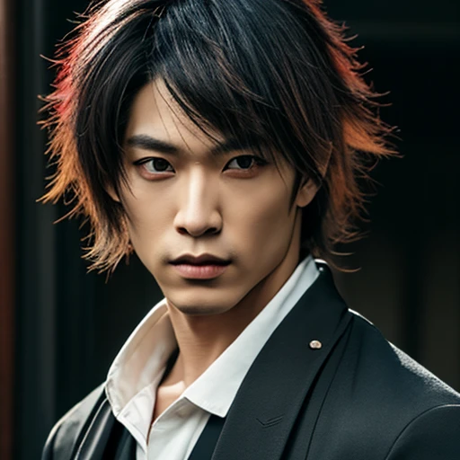 1 man, Japanese man, male, Asian eyes, muscular, broad shoulders,, hairstyle Visual Kei style, hair Visual Kei, black men's shirt and black pants, ultra detailed face, hyperrealistic, realistic representation,  30 years old, age 30 years, black and blonde hair 