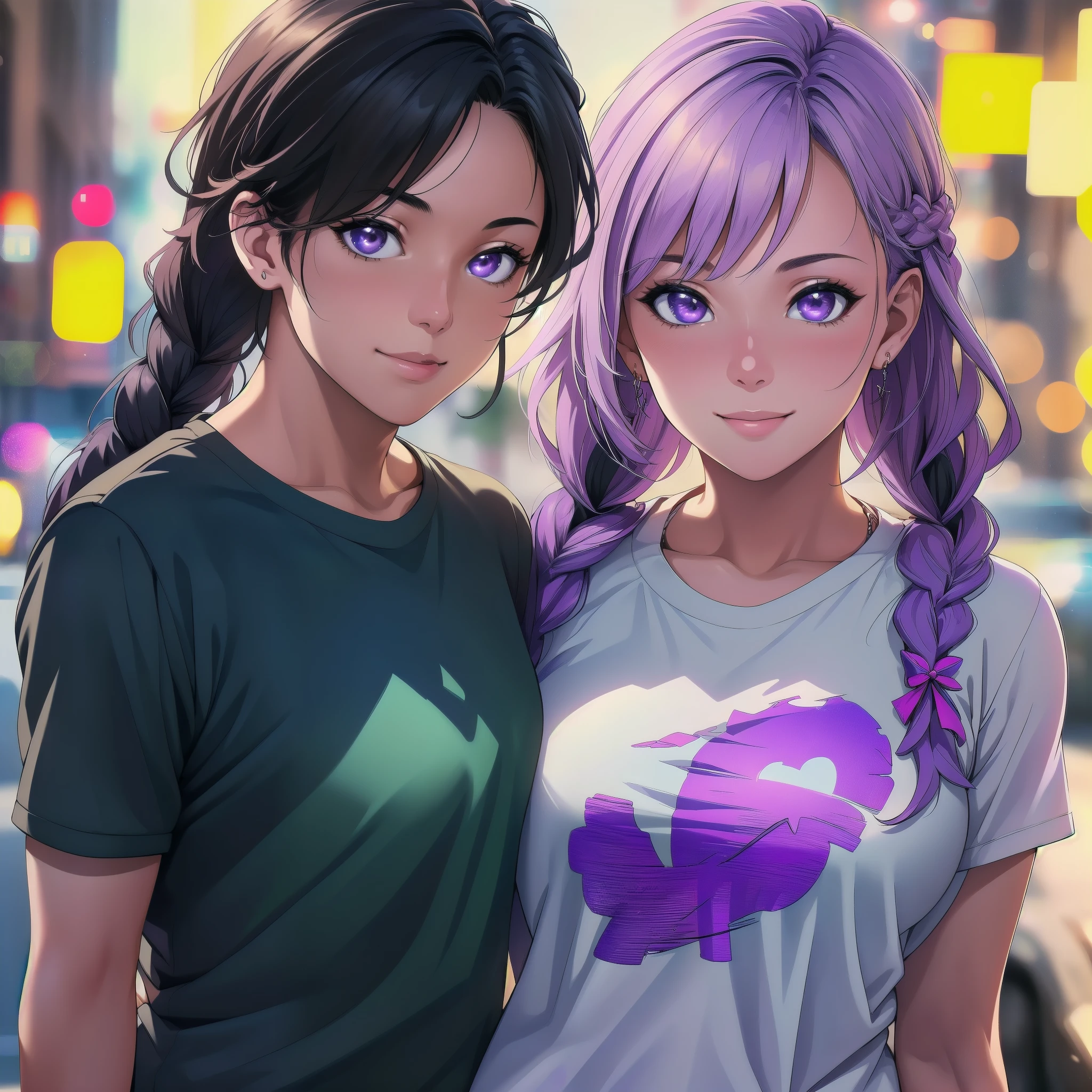 young couple(1 male, 1 woman with purple and white gradient double braids) ,fashion,clear,enhanced details,T-shirt,jeans,smiling,street,sunshine,(best quality,4k,8k,highres,masterpiece:1.2),ultra-detailed,(realistic,photorealistic,photo-realistic:1.37),HDR,UHD,studio lighting,ultra-fine painting,sharp focus,physically-based rendering,extreme detail description,professional,vivid colors,bokeh,portraits