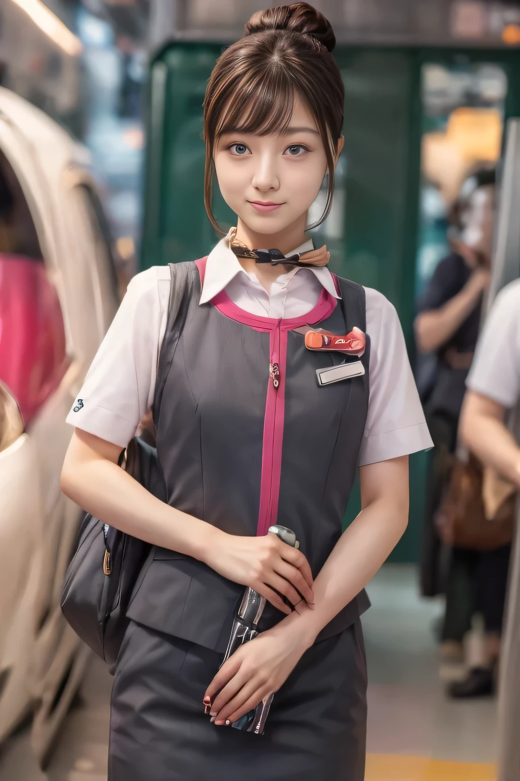 (masterpiece:1.2, highest quality:1.2), 32K HDR, High resolution, (alone、1 girl)、（At the station platform、Professional Lighting）、Station Background、（Realistic style wearing JR GranClass attendant uniform）、Blouse with short sleeves、（JR GranClass attendant uniform with pink parts on the sleeves of the skirt）、（JR GranClass attendant uniform with pink stripes on the vest）、Dark brown hair、（Hair tied up、Bun Hair、Chignon）、Dark brown hair、Long Shot、（（Fine hand：2.0）），（（Harmonious body proportions：1.5）），（（Normal limbs：2.0）），（（Normal finger：2.0）），（（Delicate eyes：2.0）），（（Normal eyes：2.0））)、Luxury Necklace、Captivating look、Beautiful standing posture,Place your hands around your stomach