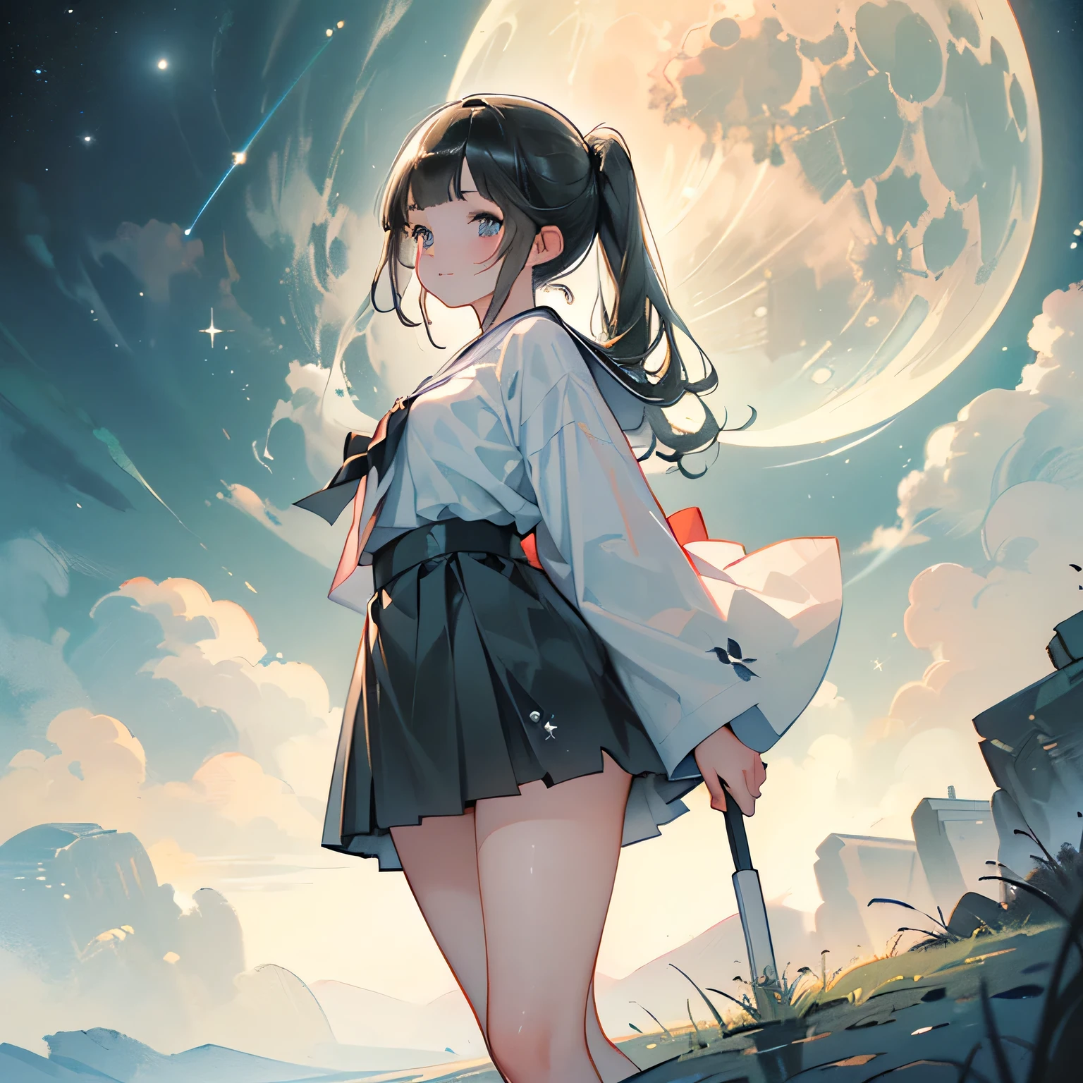 (low angle,from below),((masterpiece, highest resolution,best quality)),  (beautiful illustration), ((semi long beautiful black hair,blunt bangs,pony tail,beautiful eyes)),(solo),(Japanese high ,sailor,mini skirt),(looking at the viewer), (walking on the moon),(crater,earth,night sky,moon surface,space craft and so on),(innocent cute smile), (cinematic lighting),