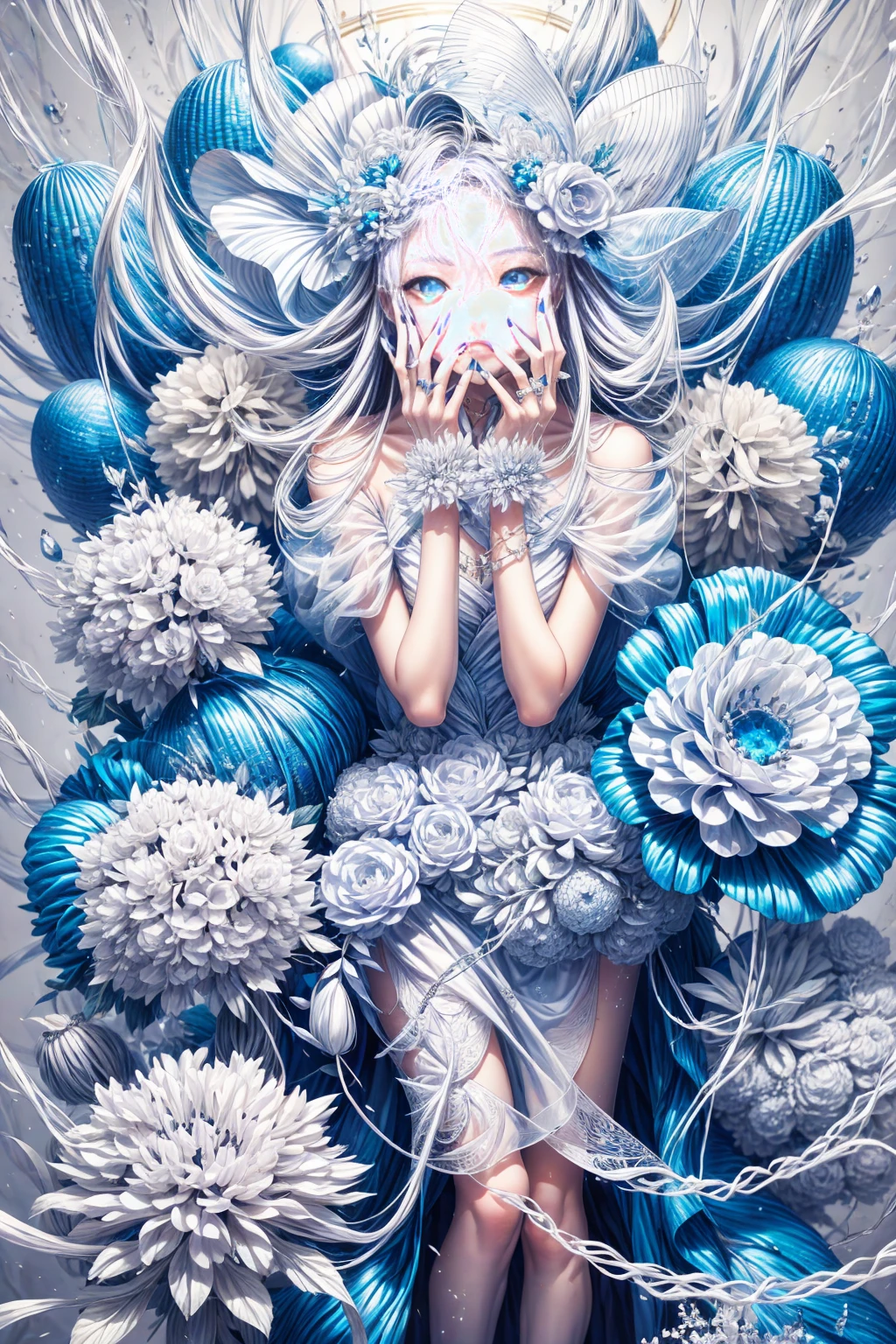 1girl, blue eyes, solo, long hair, dress, looking at viewer, white hair, flower, white camellia, jewelry, floating hair, nail polish, ring, hat, hair ornament, bare shoulders, white nails, white dress, blue ribbons, bangs, hair between eyes, hands on own face,White hell,