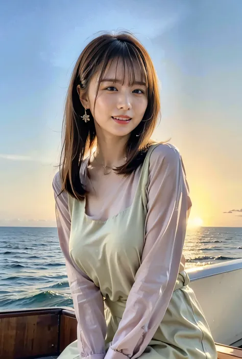 Side Ponytail、Light brown hair、Light brown hair、The sky was dyed red、There are clouds、A woman in a cute outfit is sitting on a b...