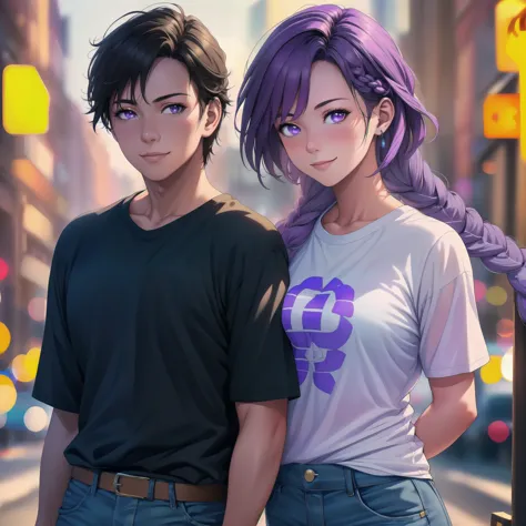 young couple(1 male, 1 woman with purple and white gradient double braids) ,fashion,clear,enhanced details,t-shirt,jeans,smiling...