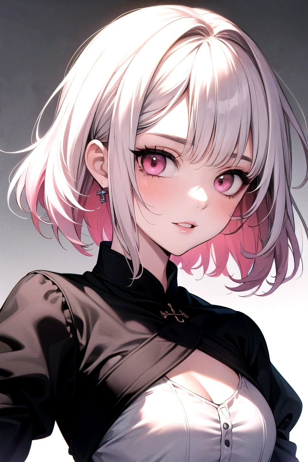 ((best quality)), ((masterpiece)), (detailed), perfect face. Asian girl. White hair. Short hair. Pink eyes. Inner pink hair. Small breast.