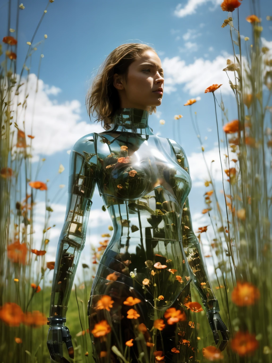 1 girl, looking at the audience, Practical, long hair, long hair blown by wind, Solitary, Flowers, Sky, Sky, outdoor, short hair, brown long hair, Science fiction, Vague, Grass, realism, cloud, blue Sky, Chest, Lips, transparent, transparent, transparent, Sunset lighting,in the field