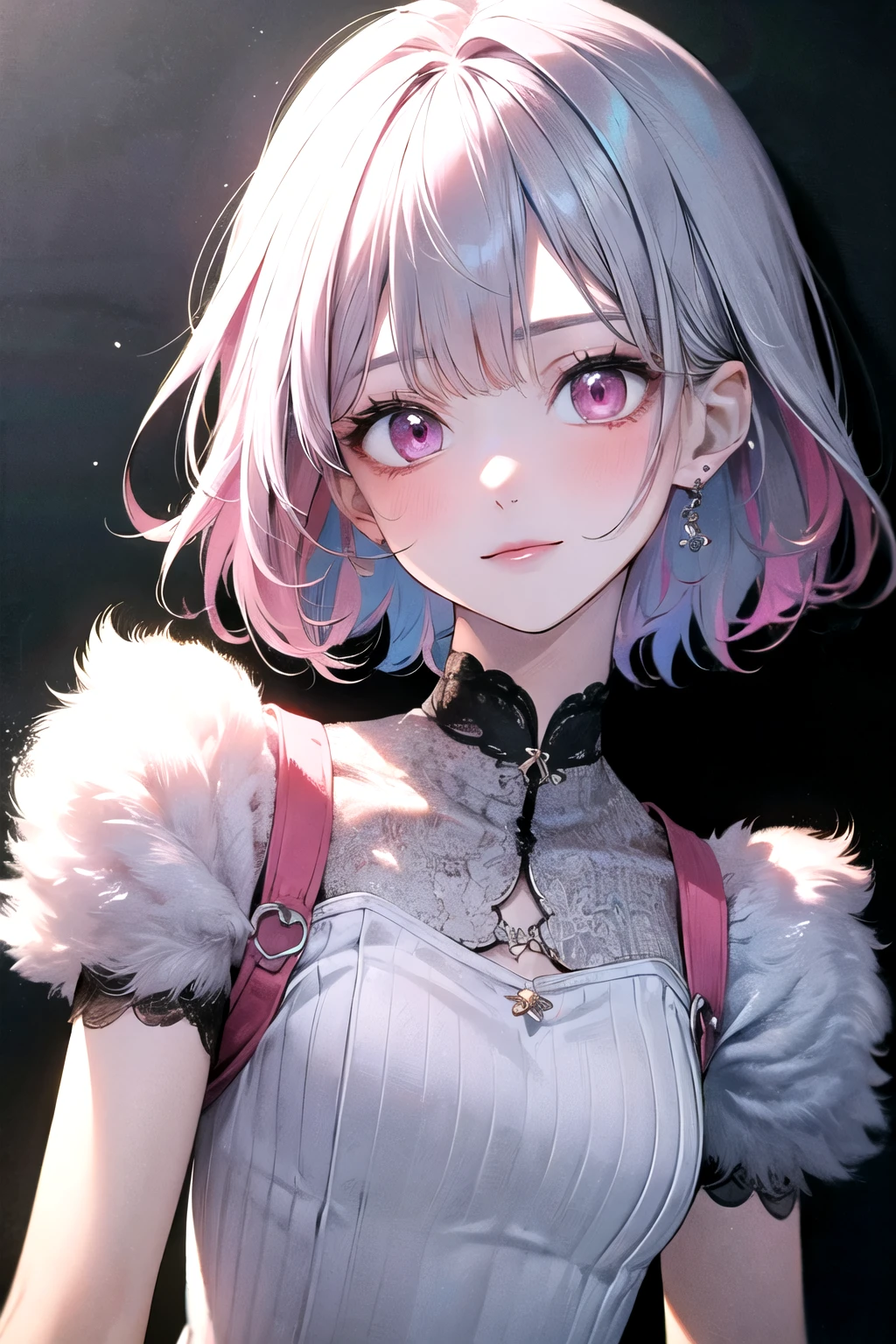 ((best quality)), ((masterpiece)), (detailed), perfect face. Asian girl. White hair. Short hair. Pink eyes. Inner pink hair.  Small breast.