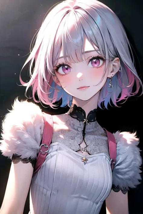 ((best quality)), ((masterpiece)), (detailed), perfect face. Asian girl. White hair. Short hair. Pink eyes. Inner pink hair.  Sm...