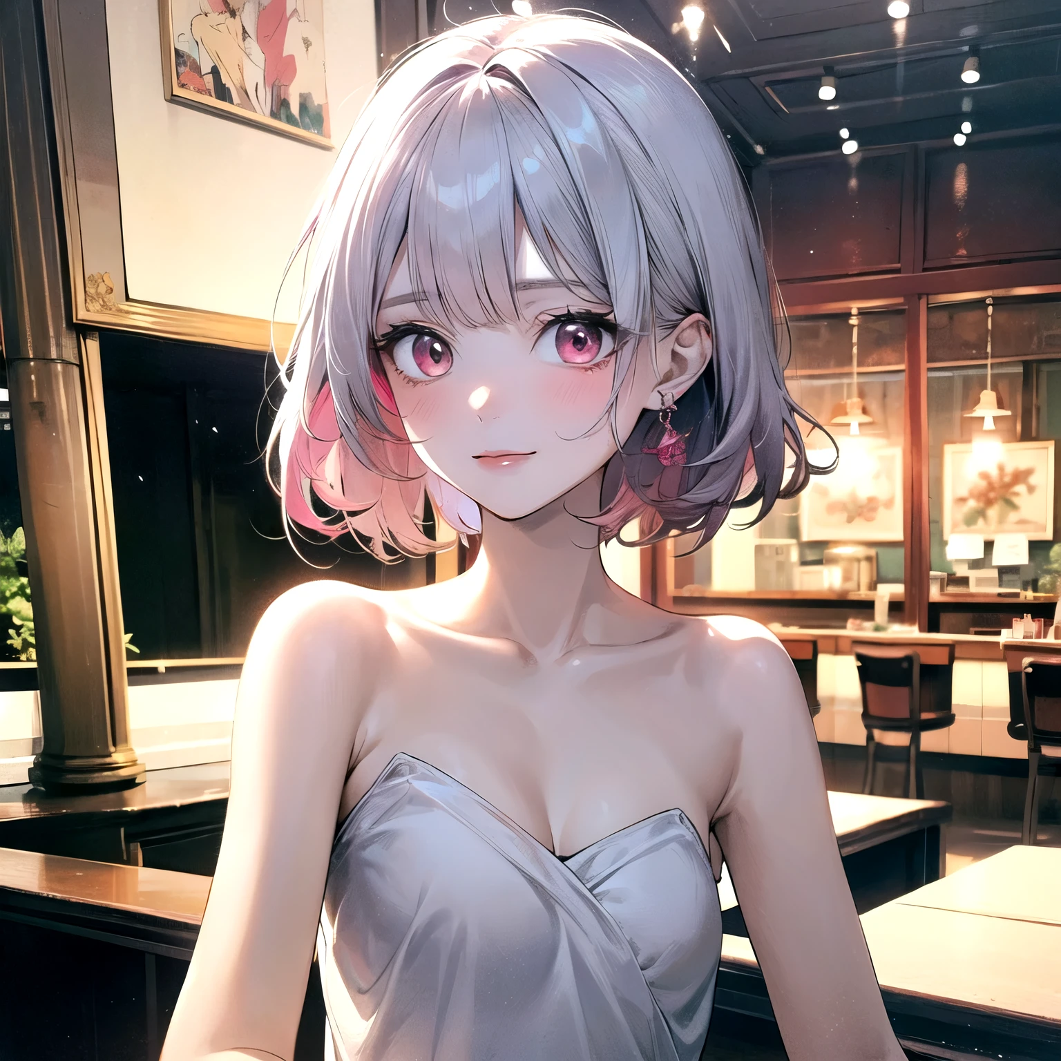 ((best quality)), ((masterpiece)), (detailed), perfect face. Asian girl. White hair. Short hair. Pink eyes. Inner pink hair. Topless. Small breast.