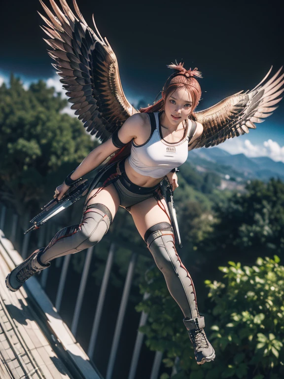 {(masterpiece,best quality, 8K UHD, extremely detailed CG, detailed beautiful face and eyes and skin and hair), (best quality face) }, {(3d ultra realistic photo graphic style:1.4)}, {(1girl free_fall from 10000m above the ground:1.2), (out of focus background:1.4)}, {1girl, 18yo, (beasts_ears),silver_red hair, medium hair, Ponytail hair with braids, forehead}, {(hawk wings:1.4),(military shoes:1.2), (thigh-high socks),navel}, {(cheerful:1.3), (candid shot)}, {(bring knees forward:1.1), (inner thighs showing pose:1.2)}, (Boys Mk.I anti-armor rifle)