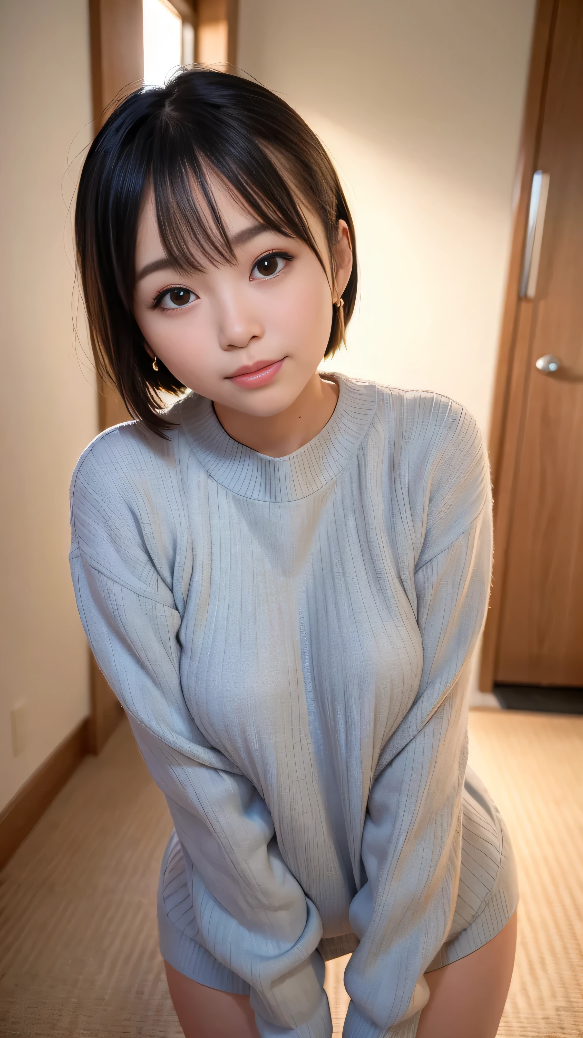 18-year-old, Japanese, Capture the light, upper_body, Grey sweater,short hair, ,Earrings, RAW Photos, highest quality, (Photorealistic), Suggestive,(smile:0.7)