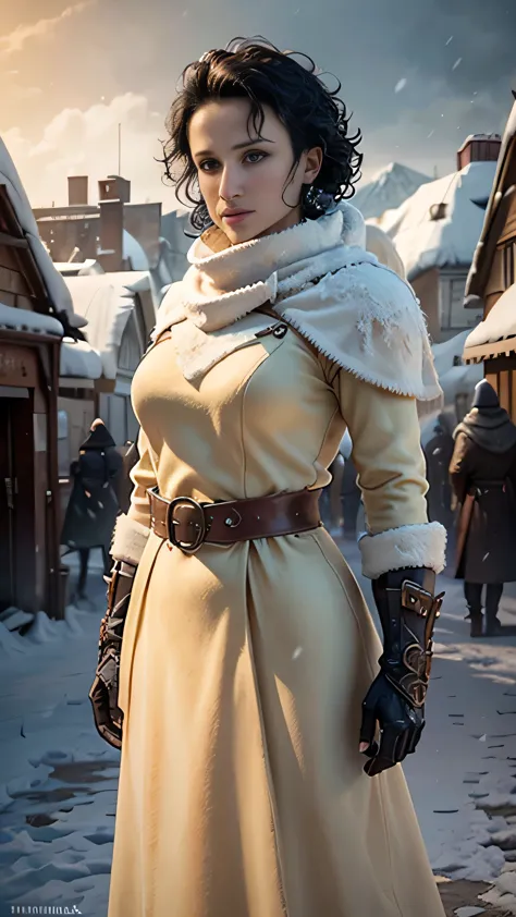 frostpunk, (indira varma) as ellaria sand, yellow warm coat, boots, standing, in a medival city, cold, winter, snow, (1woman), (...