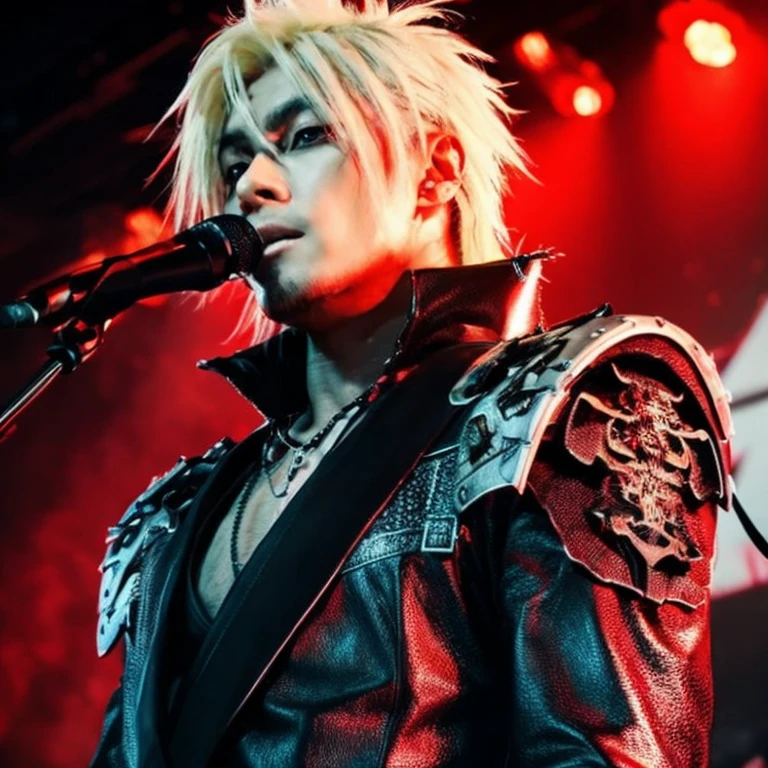 1 Japanese rocker, male, Asian eyes, muscular, broad shoulders, dragon, hairstyle in Visual Kei style, hair Visual Kei, outfit rocker,  ultra-detailed face and eyes, hyper-realistic, realistic representation, 30 years old, age 30 years, full body, black and blonde hair 