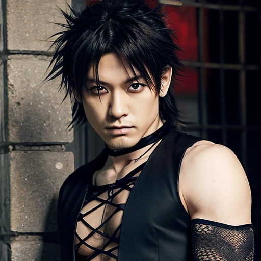 1 Japanese rocker, male, Asian eyes, muscular, broad shoulders, dragon, hairstyle in Visual Kei style, hair Visual Kei, outfit rocker,  ultra-detailed face and eyes, hyper-realistic, realistic representation, 30 years old, age 30 years, full body, black and blonde hair 