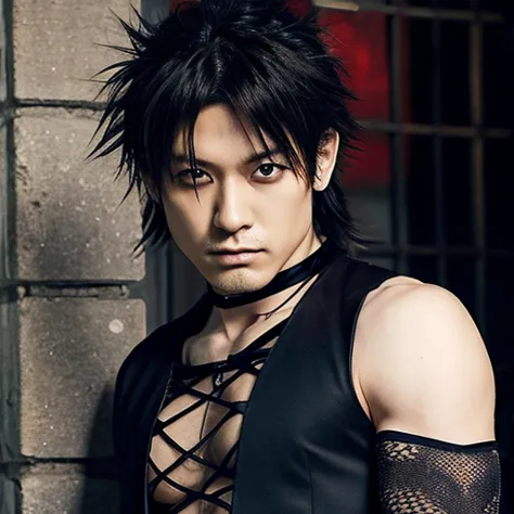 1 japanese rocker, male, asian eyes, muscular, broad shoulders, dragon, hairstyle in visual kei style, hair visual kei, outfit r...